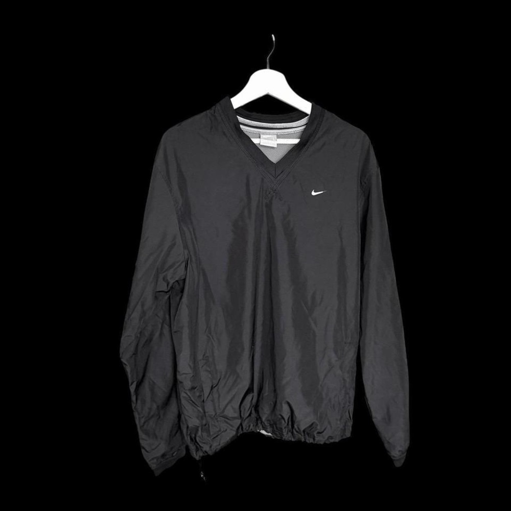 Vintage 90s Nike Swoosh V‎ Neck Windbreaker Large Black Distressed Y2K